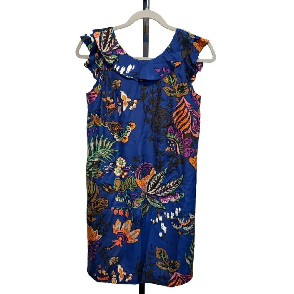 J. Crew Silk Blue Floral Ruffle Collar Sleeveless Dress V Back